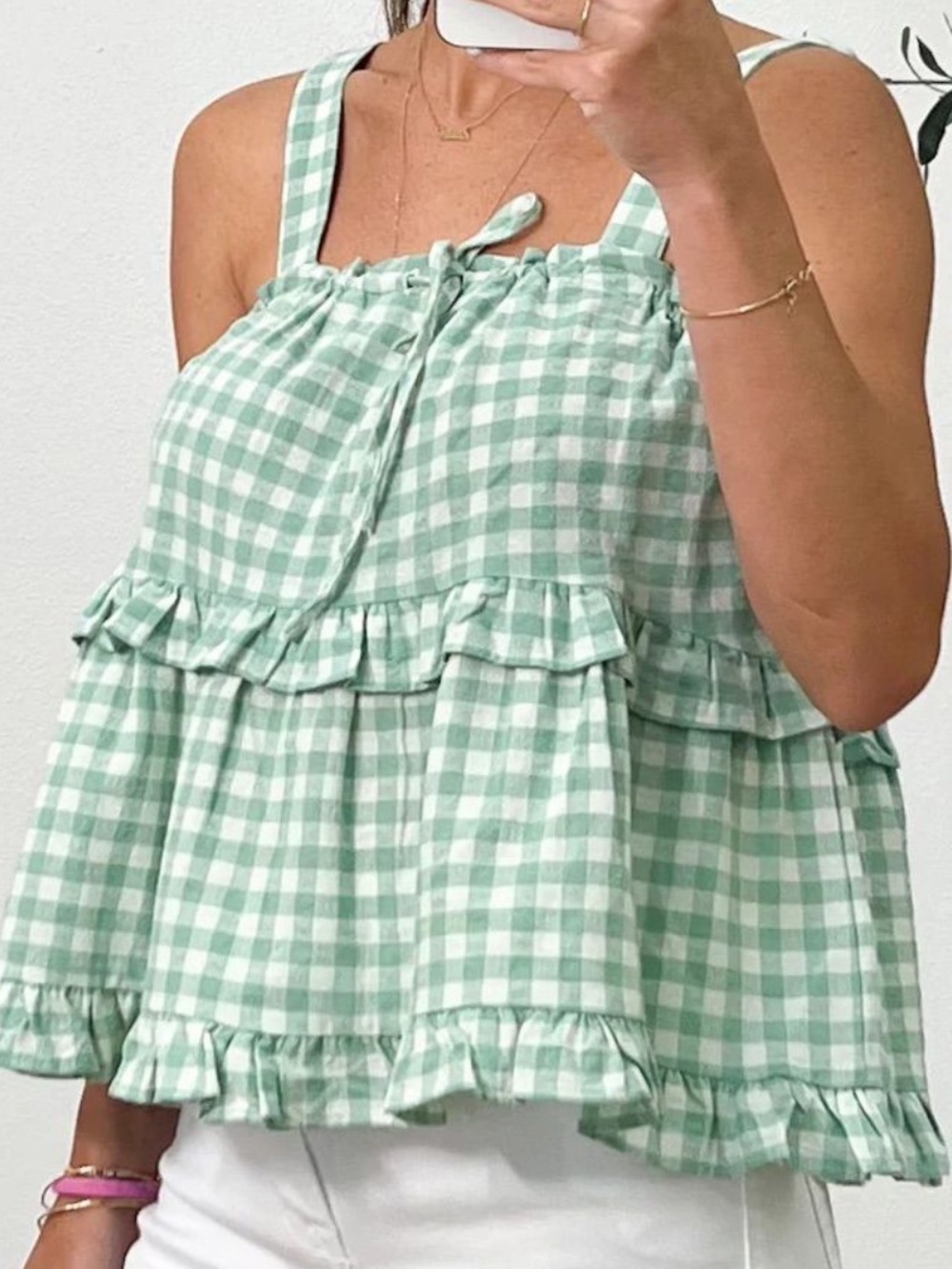New Era Sage White Gingham Ruffle Tank Top Medium NWT‎ Summer Cottagecore